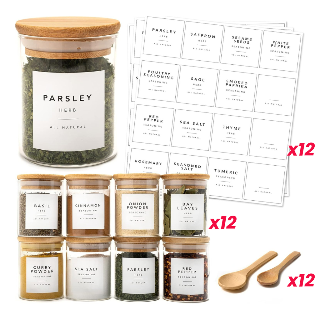 Set de 12 bocaux à épices 450 ml avec 12 cuillères et 12 étiquettes