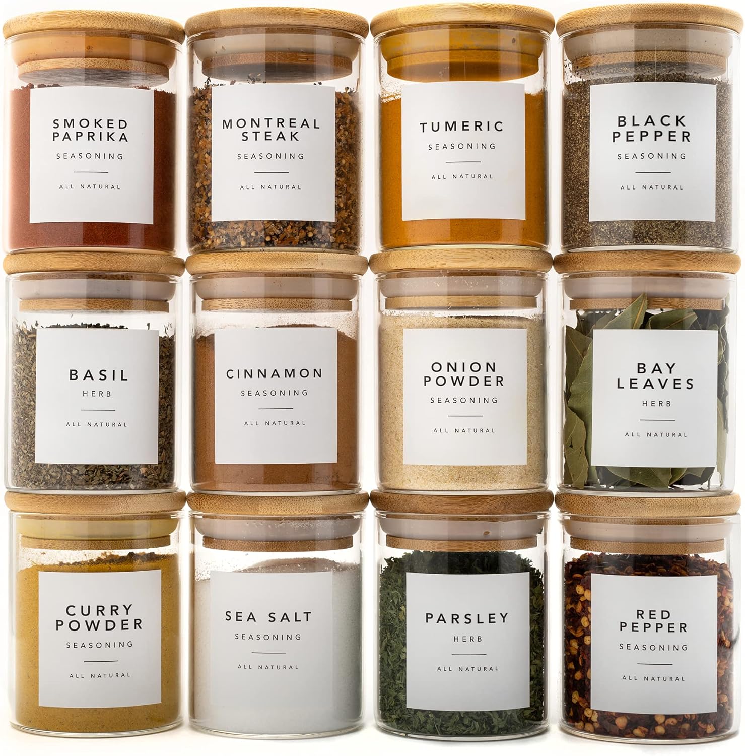Set de 12 bocaux à épices 450 ml avec 12 cuillères et 12 étiquettes