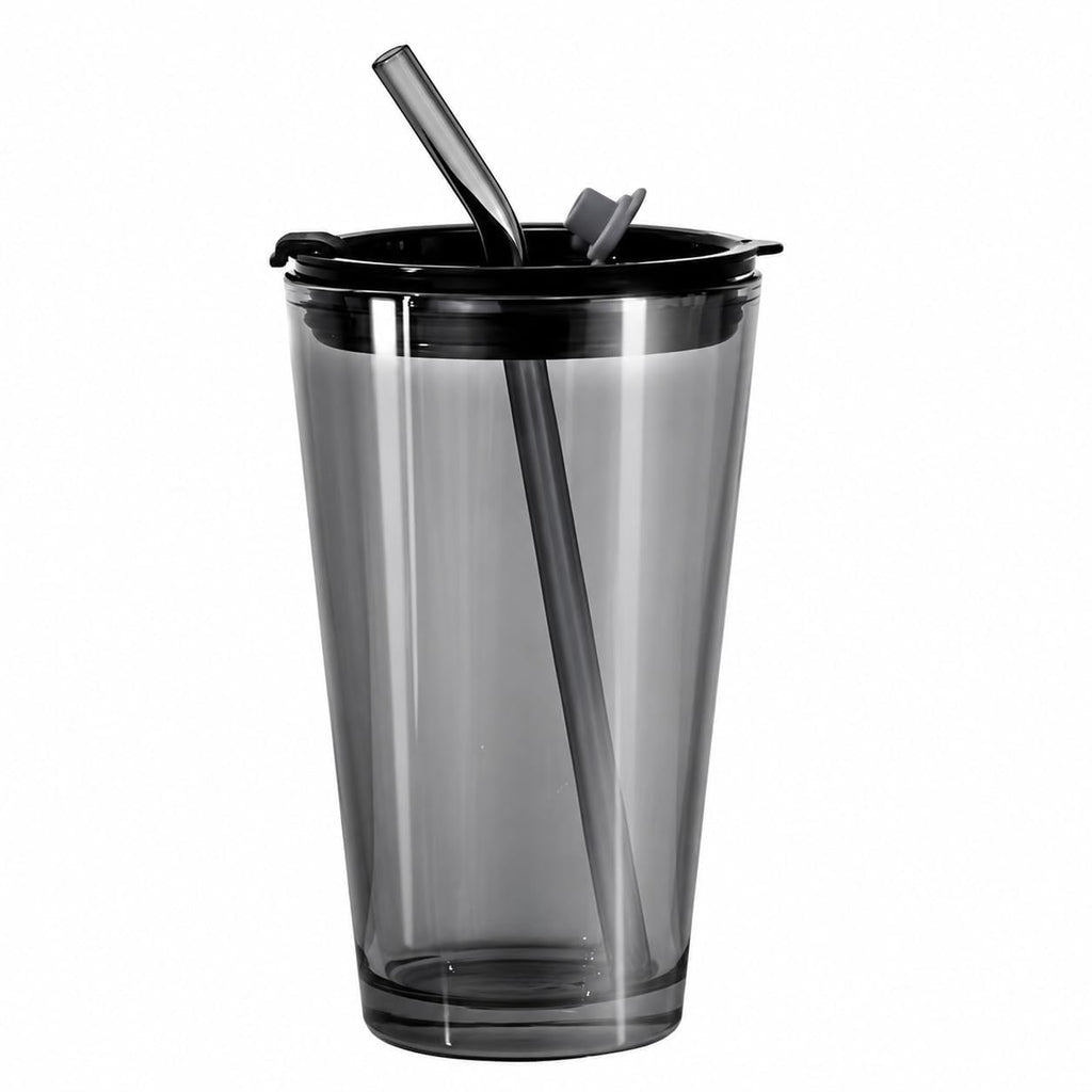 Gobelet isotherme en verre gris fumé 450 ml avec couvercle et paille