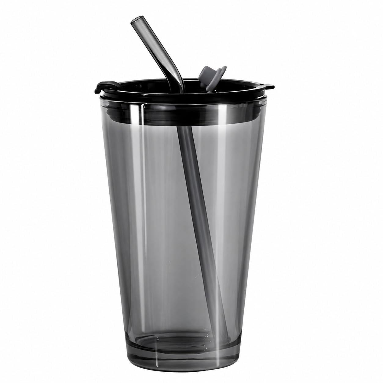 Gobelet isotherme en verre gris fumé 450 ml avec couvercle et paille