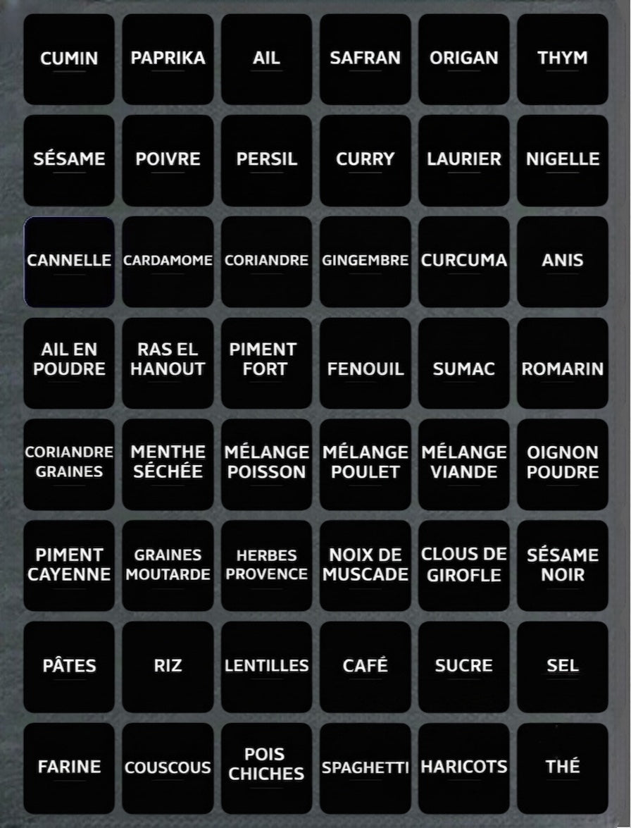 Pack de 48 Étiquettes Adhésives pour Épices et Aliments – Fond Noir