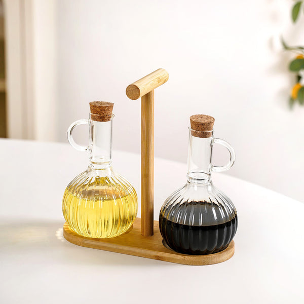 Lot de 2 Bouteilles à Huile et Vinaigre en Verre Borosilicate 300 ml avec Support