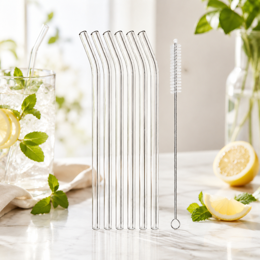 Set de 5 Pailles en Verre Réutilisables avec Brosse de Nettoyage
