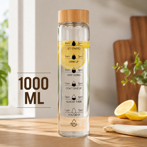 Bouteille d’Eau Motivationnelle en Verre 1000 ml – Avec Bouchon en Bambou et Repères Horaires