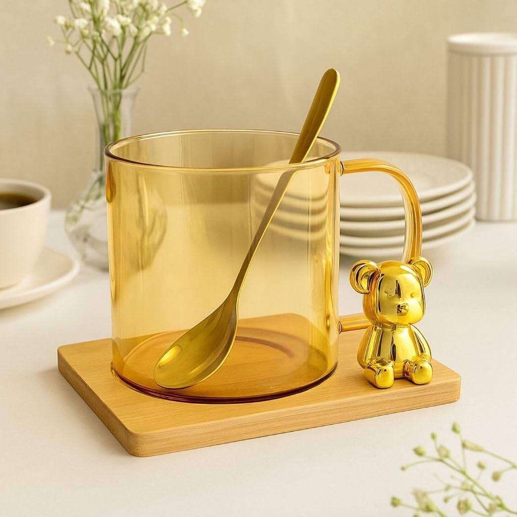 Tasse en verre ambré 350 ml avec support en bambou et ours doré