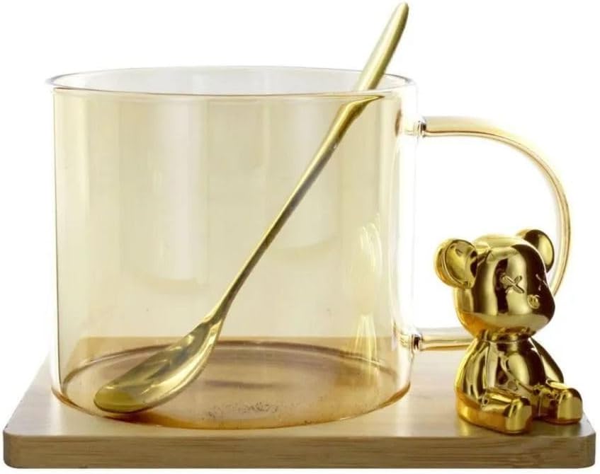 Tasse en verre ambré 350 ml avec support en bambou et ours doré