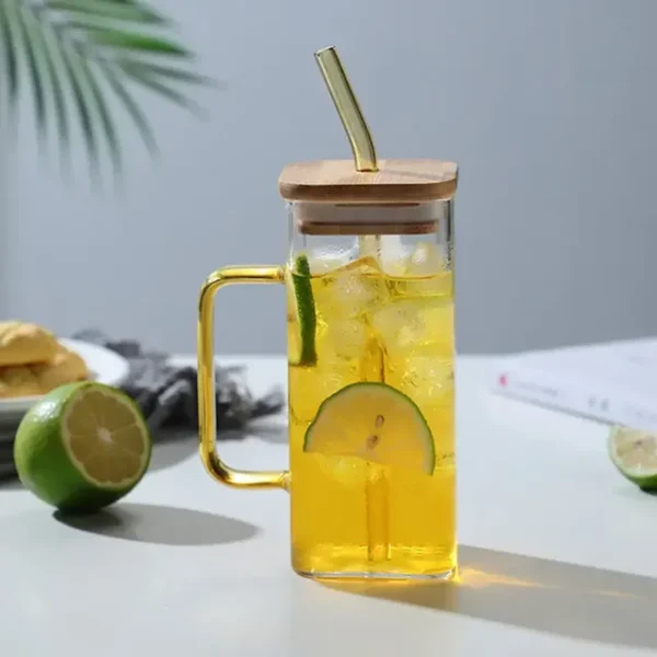 Tasse en verre 350 ml avec couvercle et paille – Jaune