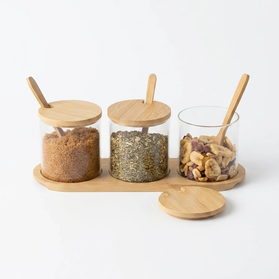 Ensemble de 3 bocaux en verre 350 ml avec couvercles, cuillères et support en bambou