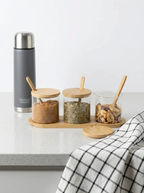 Ensemble de 3 bocaux en verre 350 ml avec couvercles, cuillères et support en bambou