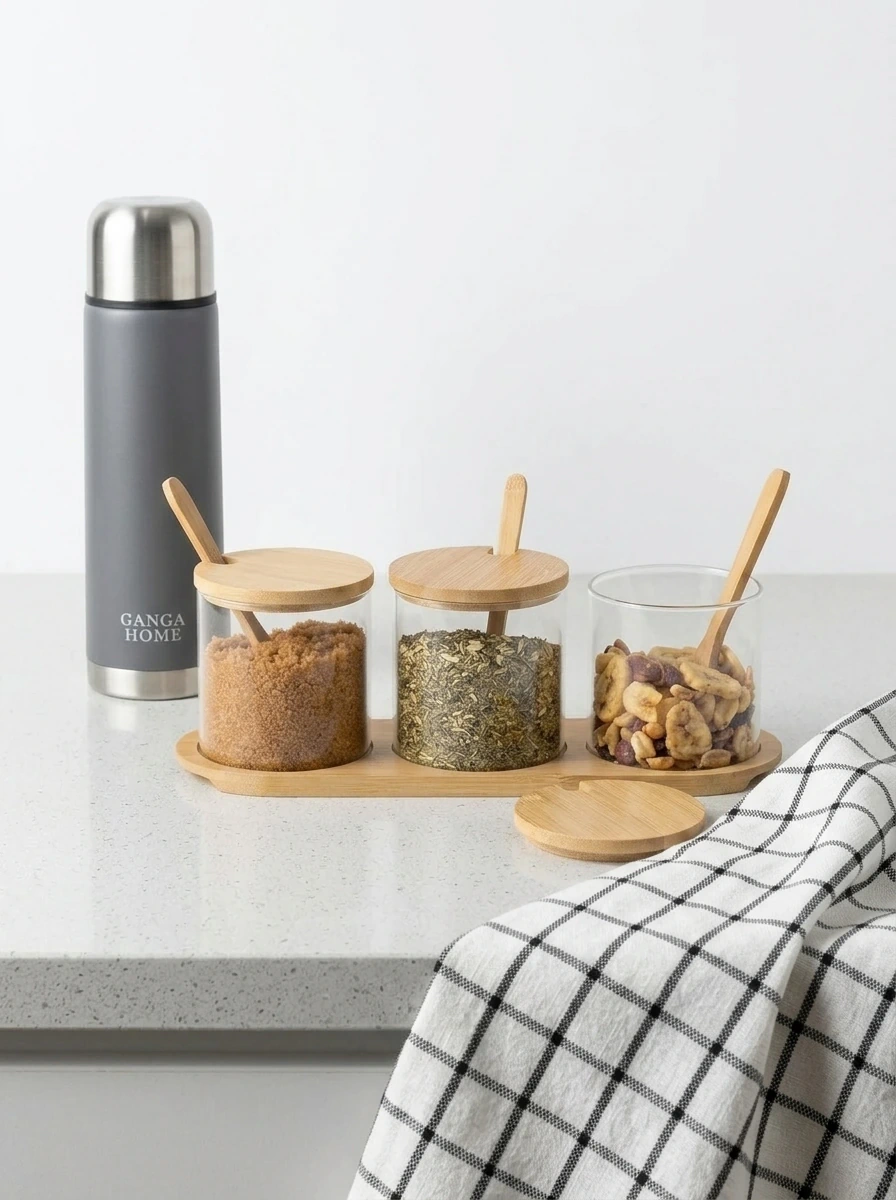 Ensemble de 3 bocaux en verre 350 ml avec couvercles, cuillères et support en bambou